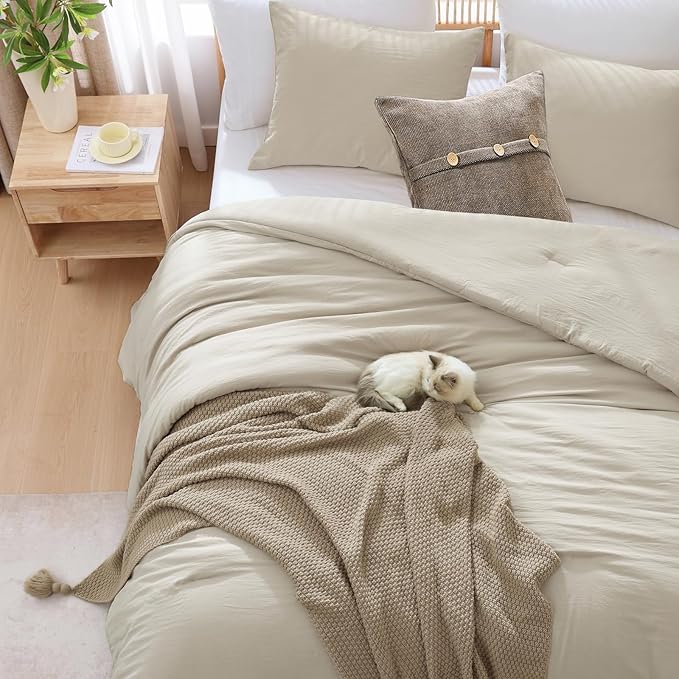 WRENSONGE Full Size Comforter Sets - 3 Pieces Light Oatmeal Comforter Prewashed Soft Lightweight for All Seasons, Fluffy Down Alternative Comforter Full Size with 2 Pillow Shams