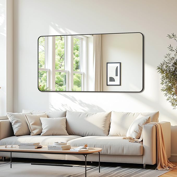 Bathroom Mirrors for Over Sink 60" x 30", Black Metal Frame Rounded Corner Rectangle Wall Mirror, Modern Farmhouse Vanity Mirror(Horizontal/Vertical)
