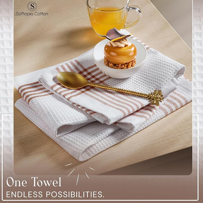 Waffle White & Brown 4 Pack Kitchen Towels Set, 100% Cotton, 16x26 inches, Professional Quality Cleaning Towel for Bar, Home, Restaurant Use, Absorbent Dish Cloths for Drying Dishes