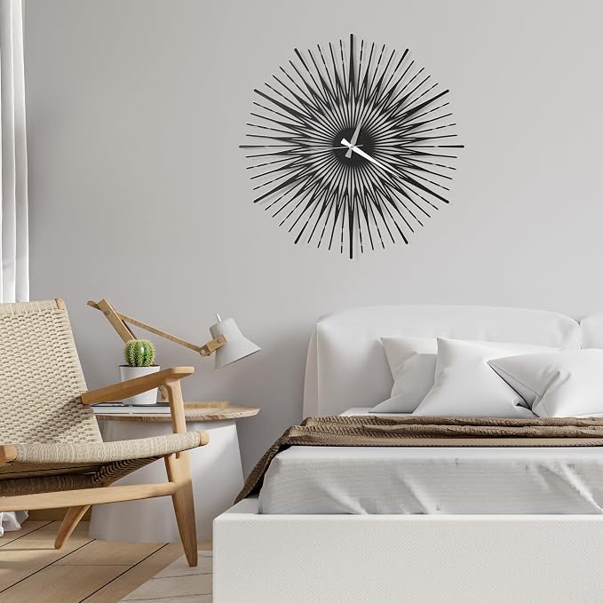 Sun Rays Wall Clock, Large Metal Decorative Wall Clock, Modern Minimalist Wall Decor (Black, Small)