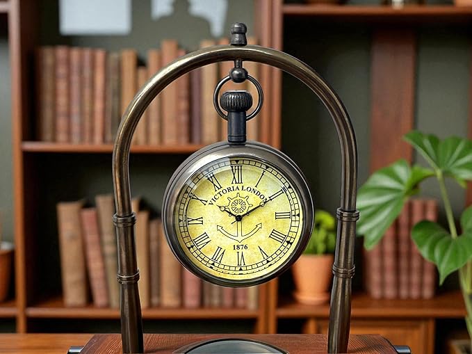 Personalized Victorian Brass Desk Clock with Integrated Working Compass - Vintage Tabletop Nautical Timepiece for Home/Office Decor, Engraved Bronze Luxury Office Decor