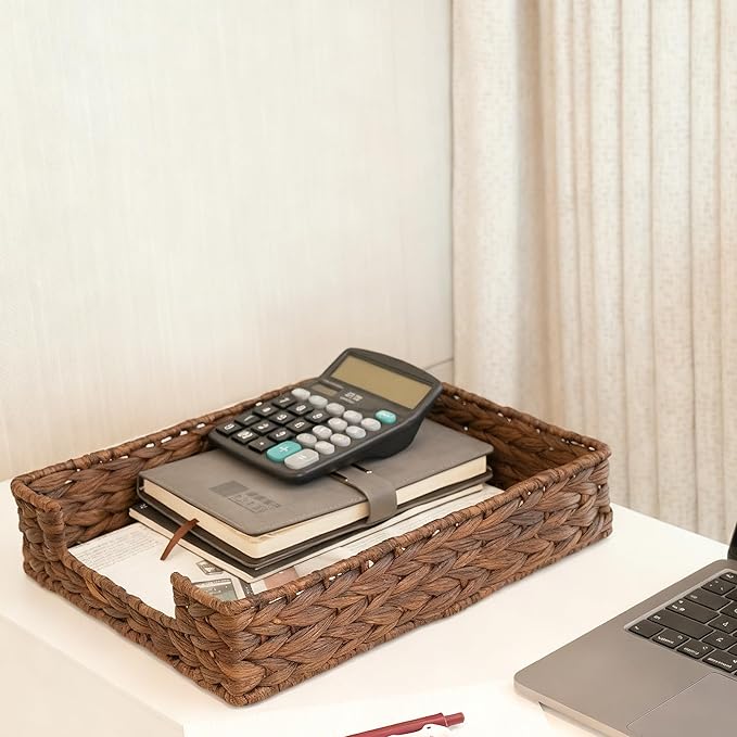 PINXIURY Water Hyacinth Letter Tray for A4 File Desk Mail Letter-Size Paper, Basket Woven Organizer, Magazine Files Storage, Office Document Organizer and Storage, Coffee