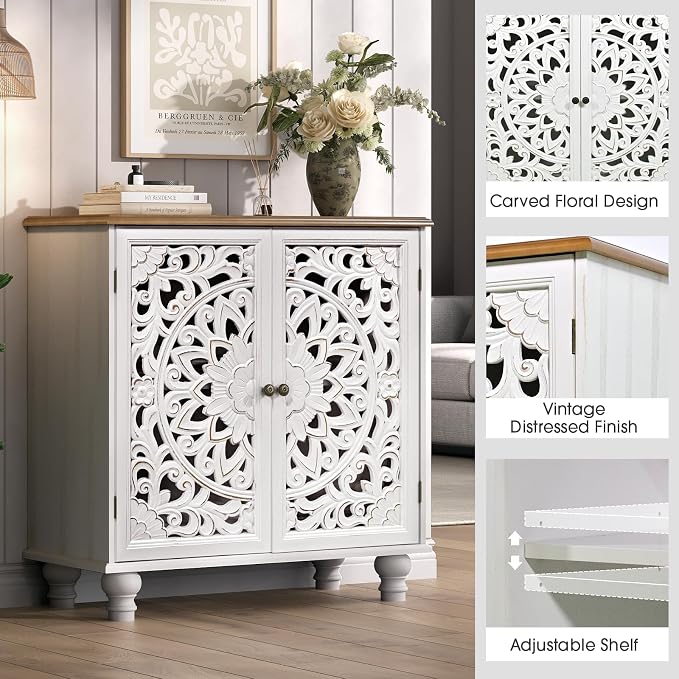 JOINICE White Accent Cabinet with Walnut Finish Top, 31" Farmhouse Storage Cabinet with Carved Doors for Living Room, Sideboard Buffet for Dining Room, Solid Wood Legs