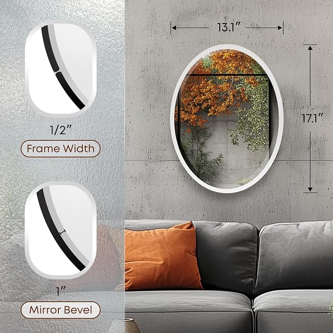 OVALCREST - Oval Wooden Beveled Wall Mirror for Home Decor, Bathroom, Vanity, Bedroom, Living Room, Hallway - London Style (Linen White) 17.1 x 13.1