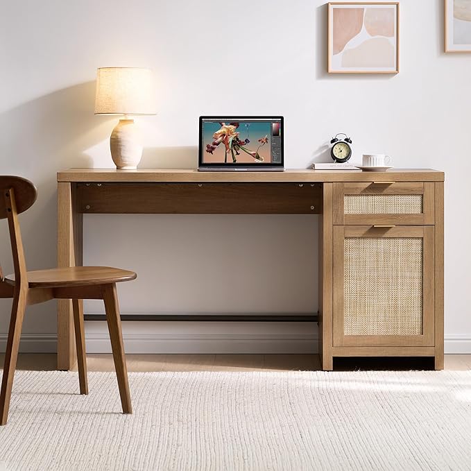 SICOTAS Rattan Executive Desk with Storage, 59" Boho Home Office Desk with Cabinets and Drawers, Large Computer Table Vanity Desk for Office, Study, Living Room, Oak