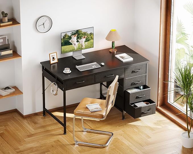 ODK Computer Desk with 6 Drawers, 40 Inch Small Desk with Storage, Reversible Desk with Headphone Hook for Home Office, Work Study Table for Bedroom, Black