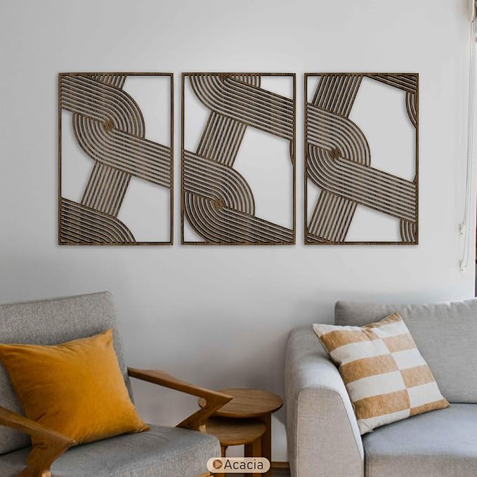 Minimalist Woven Wooden Wall Decor Set of 3, Abstract Large Overlapping Geometric Stripe Wood Wall Art, Mid-Century Modern Home Gift for Living Room and Bedroom
