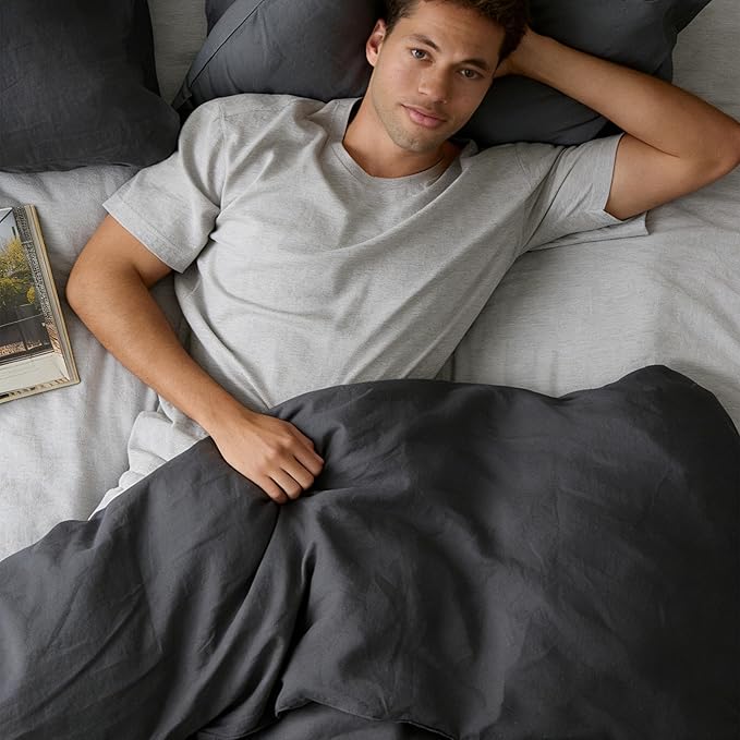 FALUCA French Linen Blend Duvet Cover Set 3Pcs King (104"x92") - Soft, Breathable, Cooling Farmhouse Bedding for Hot Sleeper (King, Dark Grey)