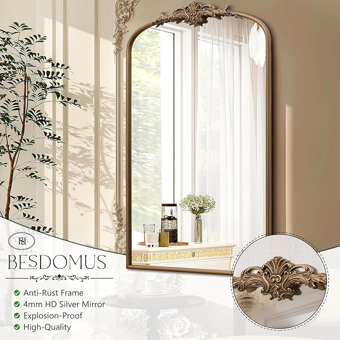 Besdomus Vintage Gold Arched Mirror: 24"x42" Large Arch Gold Antique Wall Mounted Mirror - Traditional Ornate Home Decor for Entryway/Fireplace/Bathroom - Idea for High-Income Homemakers