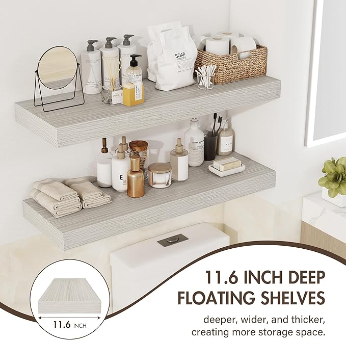 40 Inch Floating Shelves, 12" Deep Floating Shelf Wall Mounted, 40" Wall Shelves, Rustic Deep Bookshelf, Extra Deeper & Thicker Display Shelves for Bedroom, Living Room, Gray, Set of 2