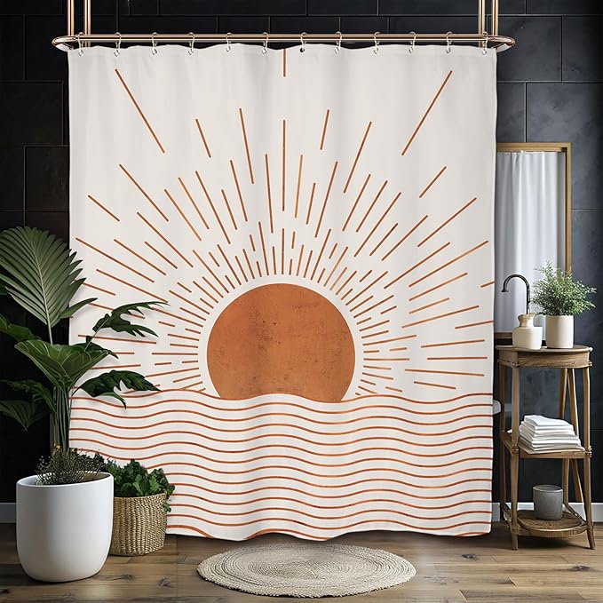 Miyotaa Abstract Minimalist Sunrise Shower Curtain Set 60Wx71H Inches Modern Aesthetic Mid Century Retro Sun Sunset Waterproof Bathroom Curtain with 12 Hooks
