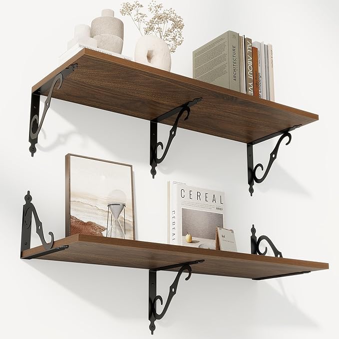RICHFOCUS 12 Inch Deep Floating Shelves for Wall, 31.5" W x 12" D Wood Wall Shelves Set of 2, Wide Floating Shelves for Living Room, Bedroom, Kitchen, Bathroom and Decor Storage, Walnut