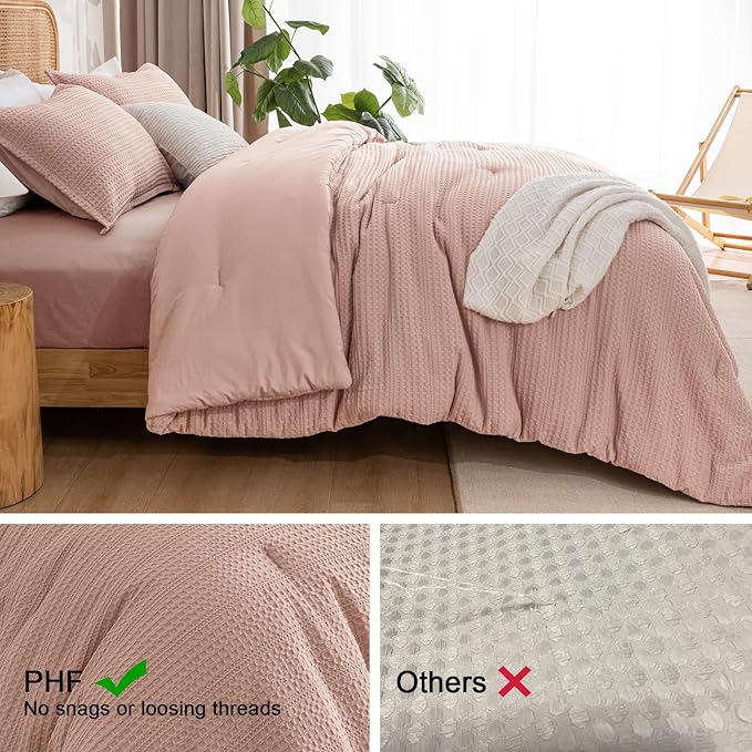PHF Soft Waffle Comforter Set Twin Size- Comfy Breathable Waffle Weave Comforter with 1 Pillow Shams, 2 Pieces Less Snagging Lightweight Textured Bedding Set for All Season, Rose Pink