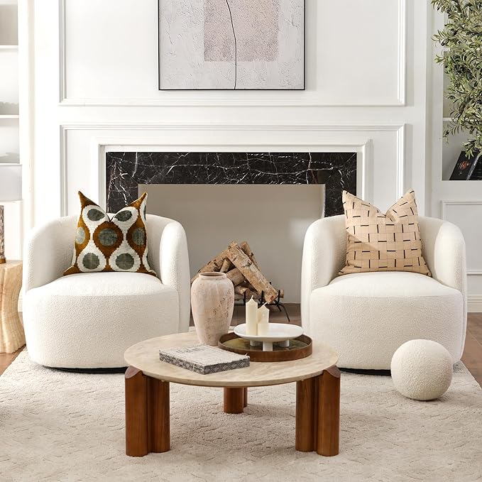 KINWELL 34" Wide Sherpa Swivel Barrel Chairs Set of 2, No Assembly Round Boucle Upholstered Accent Chairs Armchairs Single Sofa Chair with Toss Pillow for Living Room and Bedroom, Beige
