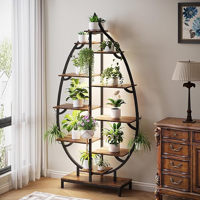 VINGLI Plant Stand Indoor with Grow Lights, 63" Tall 10-Tier Leaf-Shaped Metal Plant Shelf with 5 LED Light Strips, Large Tiered Indoor Plant Stands for Multiple Plants, Modern Decorative Plant Rack for Living Room Balcony, Black