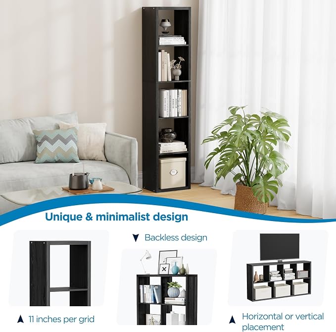 5 Cube Storage Organizer Single Row, Cube Shelf with Heavy-Duty Thick Boards, 13.31" L x 9.37" W x 60.55" H, Smooth Easy-Clean Panels, Simple Assembly, for Living Room Bedroom Office, Black