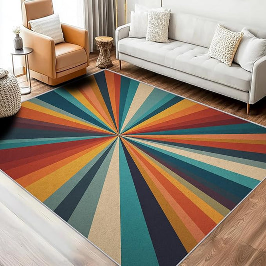 Retro Sunburst Rugs 4x6, 70s Colorful Abstract Washable 4 x 6 Area Rug for Living Room, Bedroom, Low Pile Non Slip Stain Resistant Carpet, Retro 70s Home Decor Accessories & M875