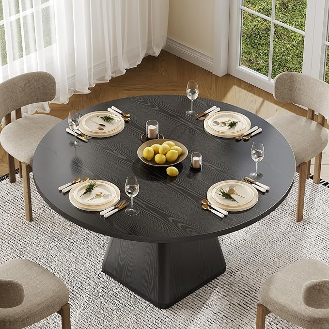 47 Inch Round Dining Table for 4-6, Circle Kitchen Table with Thickened Tabletop, Modern Dining Room Tables with Square Pedestal Base, Dinner Tables for Kitchen Small Space, Black (Table Only)