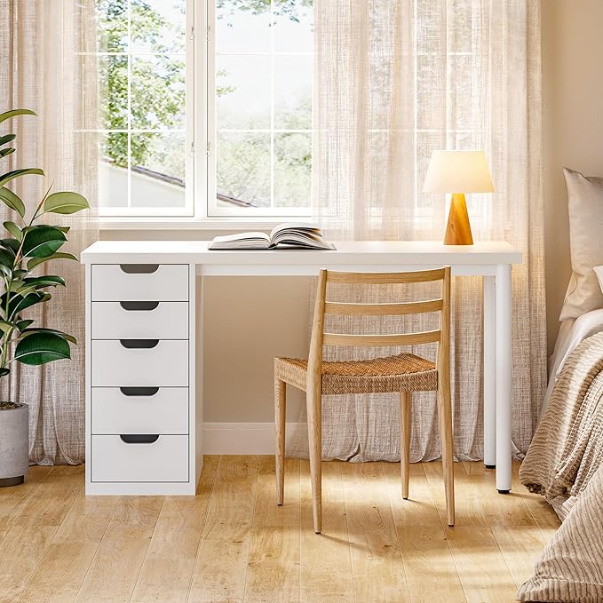 LITTLE TREE Computer Desk with 5 Drawers, 47 Inch White Modern Simple Study Writing Desk with Metal Frame, Work Desk for Home Office