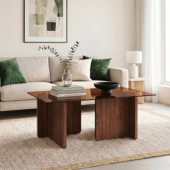 Modern Glass Coffee Table, 39.4 Inches Rectangular Center Tables for Living Room, Coffee Table with Wood Cross Base Easy Assembly Walnut