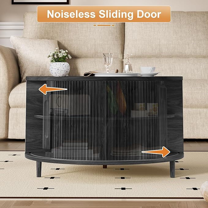 Round Lift Top Coffee Table, 31.5” Fluted Wood Lift Up Center Table with Sliding Door & Hidden Storage, Mid Century Modern Coffee Table for Living Room & Home Office (Black)