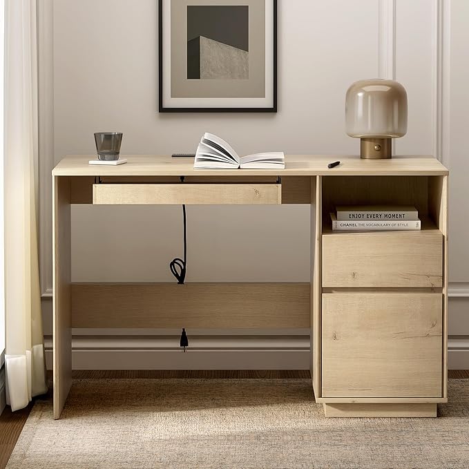 47" Executive Desk with File Drawer, Farmhouse Computer Desk with Charging Station and Open Storage Compartment Wooden Home Office Desk for Writing Study Working, Light Oak