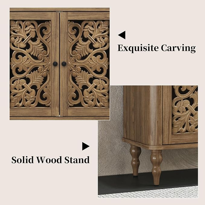 ARTPOWER 63" Retro Arc Carved Sideboard Buffet Cabinet, 4 Craft Doors Wooden Accent Credenza for Living Room, Dining Room, Entryway, Hallway, Light Walnut