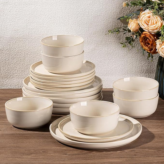 GBHOME Ceramic Dinnerware Sets for 6, 18 Pieces Stoneware Plates and Bowls Sets, Scratch Resistant Dishes, Dishwasher & Microwave Safe, Reactive Glaze-Vanilla color