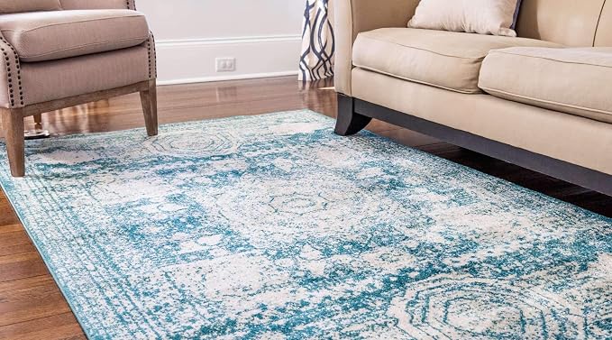 Unique Loom Bromley Collection Area Rug - Wells (7' 1" x 10' Rectangle, Turquoise/ Ivory)