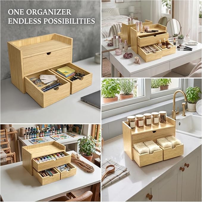 Bamboo Desk Organizer with 3 Drawers and Shelf, Desktop Drawers Wooden Storage Box 13.4 x 7.3 x 8.1 Inches Countertop Organizer for Office Supplies, Solid Wood Drawer No Assembly Required