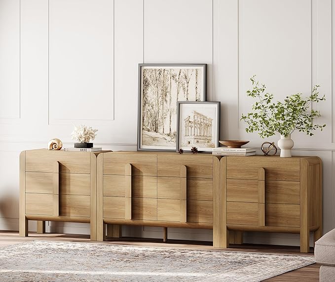 WAMPAT 110.2” W Large Sideboard Buffet Cabinet with Storage,Modern French Kitchen Buffet Cabinet with 12 Drawers,Wood Buffet Table Coffee Wine Bar Console Table for Kitchen,Dining Room,Light Walnut
