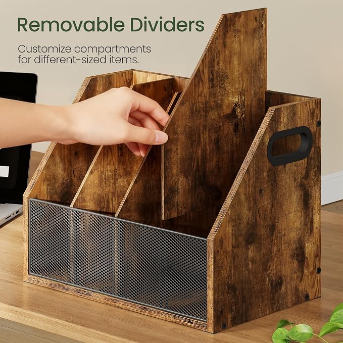 CHOEZON Wooden Desktop File Organizer with Removable Dividers, Mesh Front Panel for Paper, Mail, Magazine, Home Office Desk Storage, Easy Assembly, Rustic Brown MWJ06FG