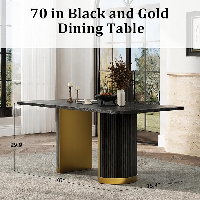 AUZ 70" Farmhouse Dining Table for 4-6, Black Oak Wood Rustic Kitchen Table with Fluted Base and Brushed Gold Accents, Large Rectangular Vintage Style Table (Black & Gold)