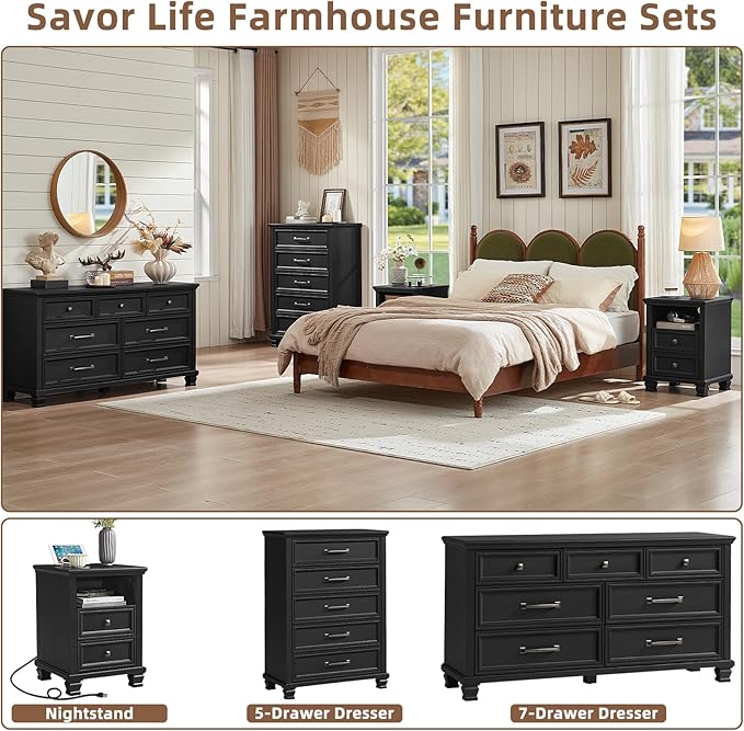 Farmhouse Side Table with Charging Station, Rustic Black Nightstand with Drawers, Bedside Table with Open Shelf for Bedroom, Black