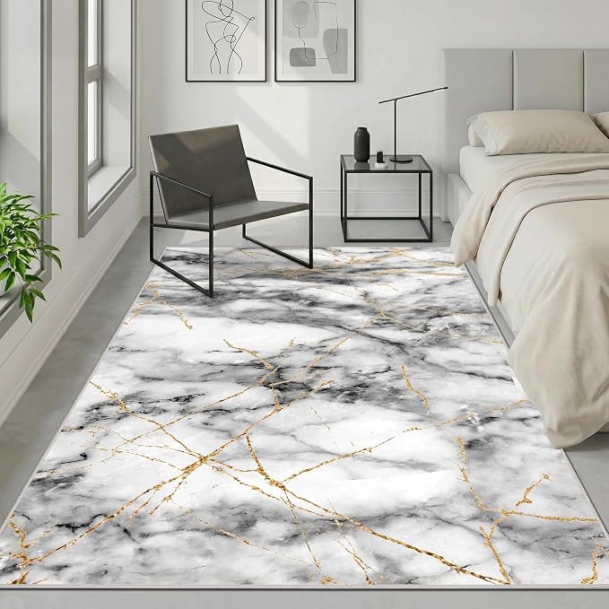 Merelax 5x8 Rug for Bedroom Livingroom - Washable Non-Slip Large Area Rug, Indoor Floor Carpet Low Pile Soft Rug for Dining Room, Mudroom, Modern Aesthetic Abstract Geometric Decor, Grey/Gold
