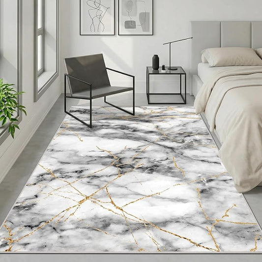 Merelax 5x8 Rug for Bedroom Livingroom - Washable Non-Slip Large Area Rug, Indoor Floor Carpet Low Pile Soft Rug for Dining Room, Mudroom, Modern Aesthetic Abstract Geometric Decor, Grey/Gold