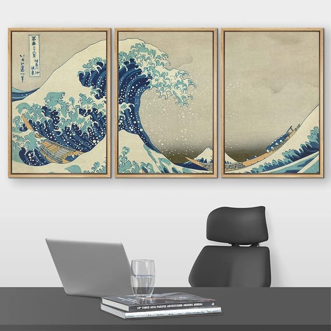 wall26 Framed Canvas Print Wall Art Set The Great Wave Off Kanagawa by Hokusai Cultural Historic Oil Painting Fine Art Reproduction Scenic for Living Room, Bedroom, Office - 16"x24"x3 Natural