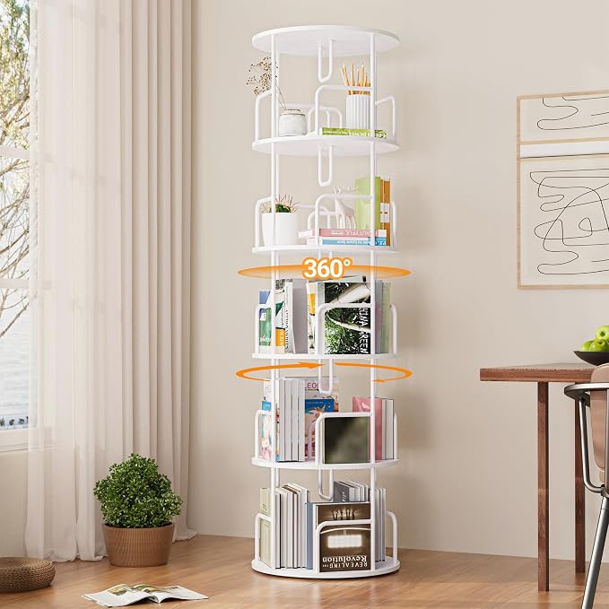 YZU Rotating Bookshelf 5 Tier 360 ° Display Spinning Bookshelf Tower, Revolving Bookcase Narrow Space Saving Swivel Book Shelf Corner Storage Organizer for Bedroom, Living Room Corner, Office