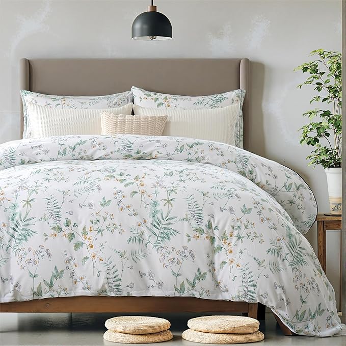 100% Cotton Duvet Cover Set Queen Size Vintage Chic Style Green Floral Duvet Cover Lightweight Floral Bedding Set with Zipper Closure for All Season, Exquisite, Ultra Soft
