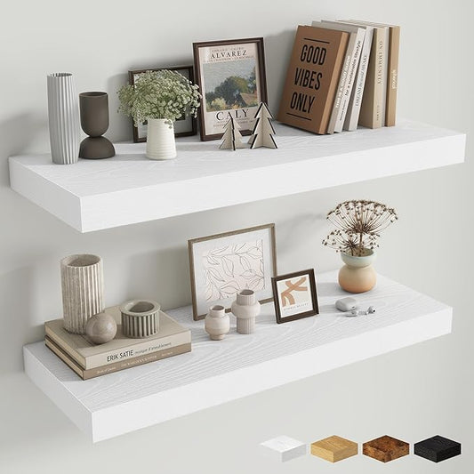 Fun Memories 32 x 12 Floating Shelves Wall-Mounted - Rustic Wood Shelf - 12 Inch Deep Floating Shelves for Wall - Large Storage Shelf for Bathroom - Kitchen & Bedroom - White - Set of 2