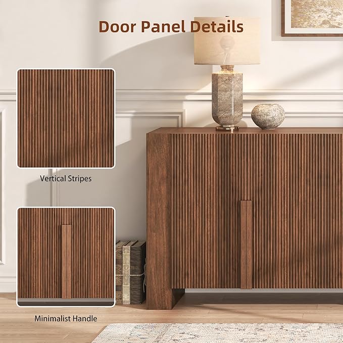Fluted Sideboard Buffet Cabinet with Storage Cabintes, Farmhouse Storage Credenza Cabinet with Shelves, 78.75" Large Coffee Bar TV Stand for Living Room Kitchen Dining, Walnut