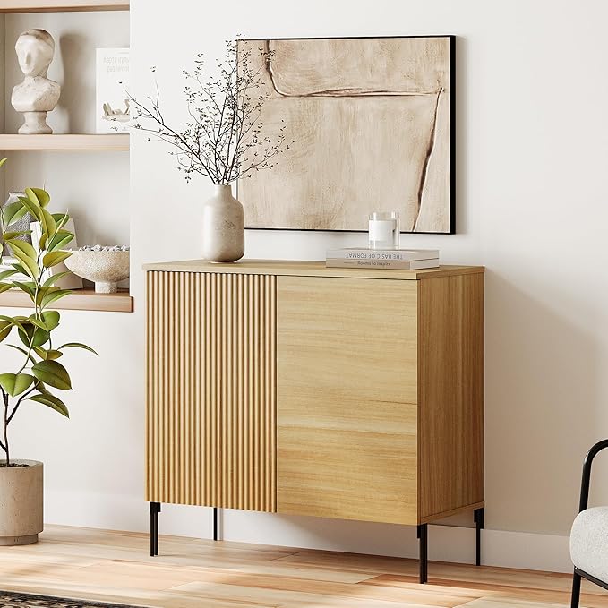 WAMPAT 31.5" Sideboard Buffet Cabinet with 2 Doors and Adjustable Shelves, Fluted Storage Cabinet, Modern Credenza Coffee Bar Wine Bar Table for Kitchen, Dining Room, Living Room,Oak