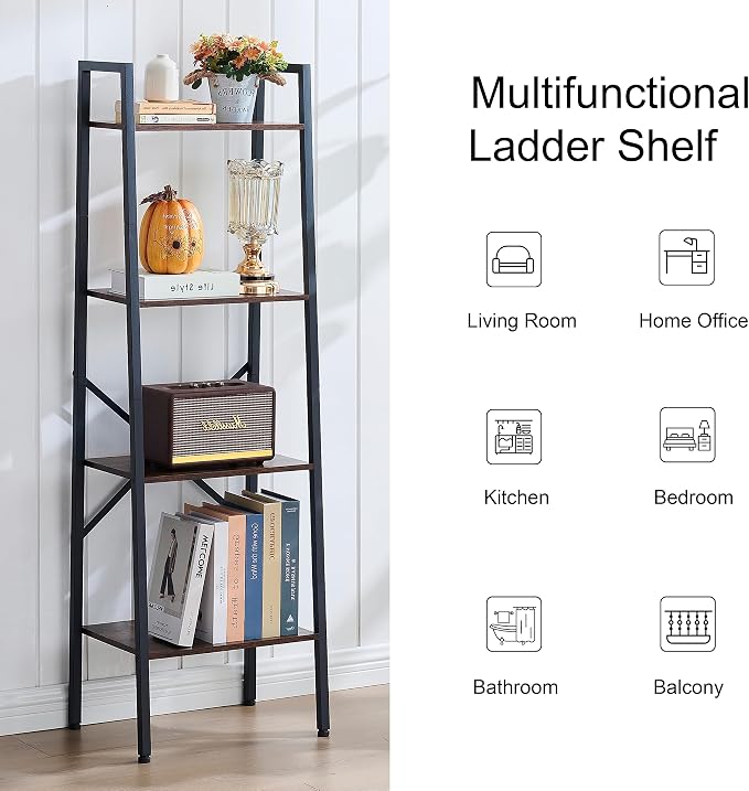 Hoctieon 4-Tier Industrial Ladder Bookshelf, Narrow Ladder Shelf, Tall Standing Bookshelf, Skinny Open Ladder Shelf, for Living Room, Home Office, Kitchen, Bedroom, Metal Frame, Rustic Brown