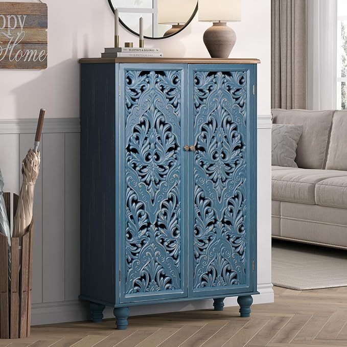 JOINICE 47" Tall Accent Cabinet with Doors and Shelves, Storage Cabinet with Solid Wood Legs for Living Room,Entryway,Dining Room,Bedroom(Blue & Walnut)