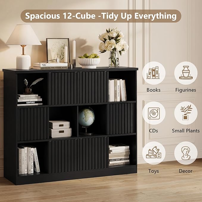 Einhomn 12 Cube Storage Organizer with Sliding Doors, Modern Fluted Bookshelf with Storage Cabinet, Wooden Bookcase with 6 Open Shelves for Living Room, Home Office, Bedroom, Black