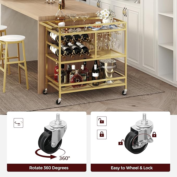 MAHANCRIS Bar Cart for Home, 3-Tier Serving Cart with Wheels and Handle, Beverage Cart with Wine Rack and Glass Holders, Rolling Wine Cart for Kitchen, Dining Room, Gold RCGD81B01