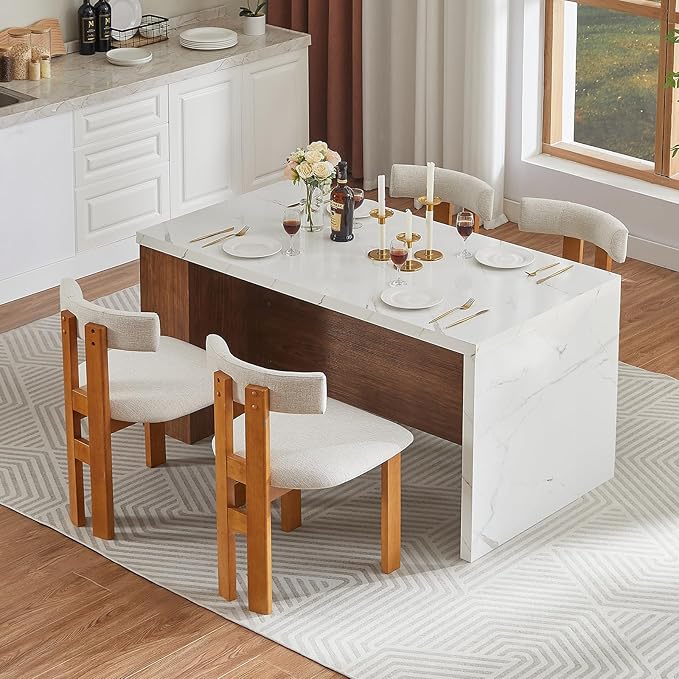 ONBRILL Dining Table for 4 with LED Lights & Power Outlet (61"* 31" Whole Board of Tabletop), Modern Imitation Marble Kitchen Dinner Table with Storage Space for Dining Room (White)