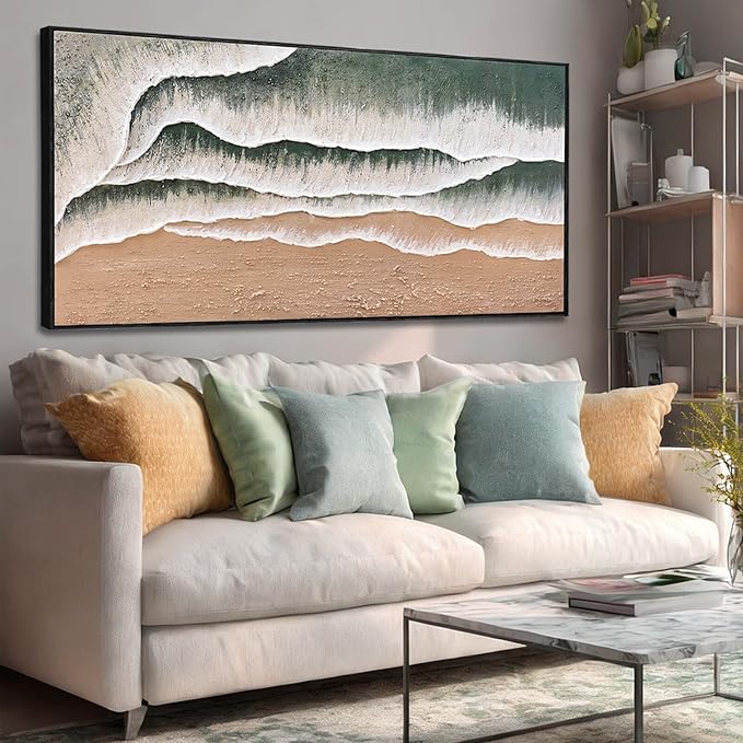 Textured Framed Wall Decor Green and White Art Posters Modern Canvas Painting 24"x48" Bedroom Artwork for Wall Pictures for Office