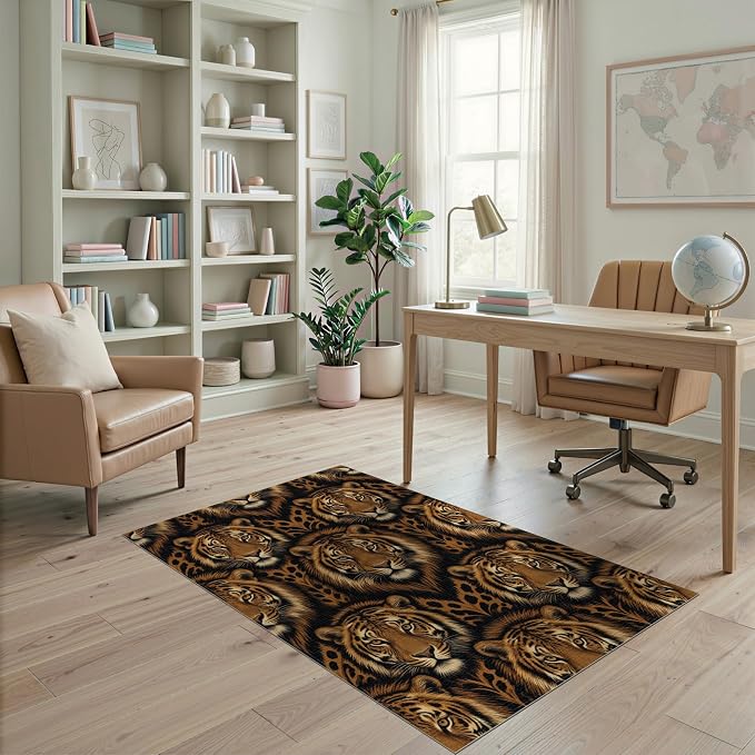 4'x6' Washable Modern Tiger Print Area Rug, Orange Flatwoven Floor Mat for Home Office, Gaming Room, Under Desk, Non-Slip Chair-Friendly Carpet | Ref:2229845