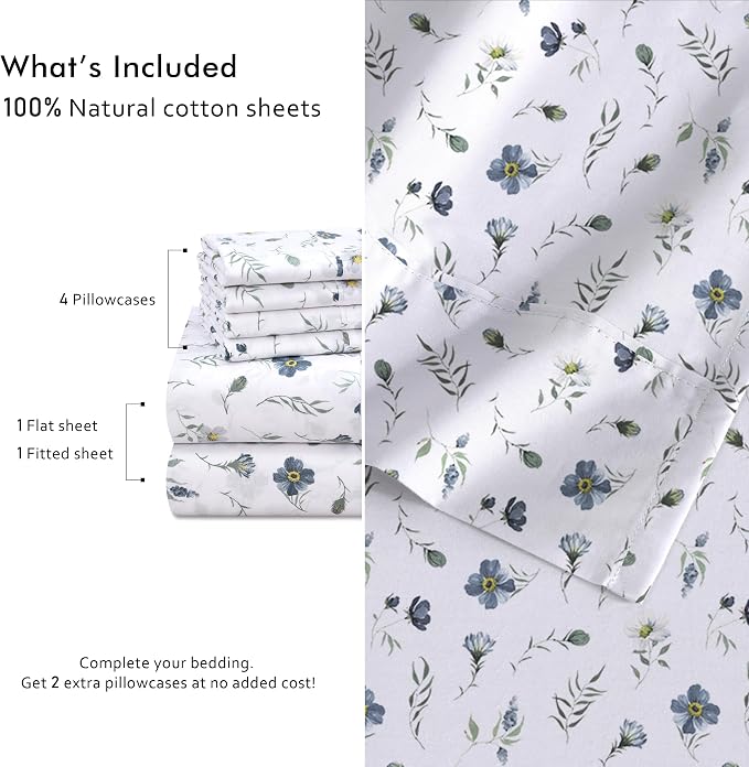 RUVANTI 100% Cotton Percale Sheets Queen Size 6 Piece Set, Cooling Bed Sheets for Hot Sleepers, Deep Pocket 16”, Breathable Lightweight & Durable, Crisp Hotel Style Sheets, Coastal Blue